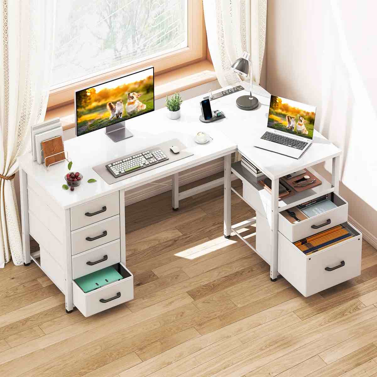 l-shaped desk with 5-tier under-desk drawers,reversible desk with large cabinet, writing desk with power outlets, home office desk with cpu stand