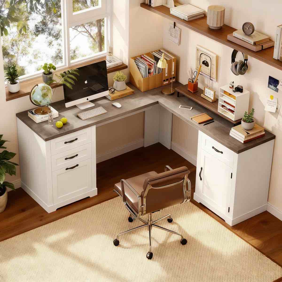 59.8"w farmhouse l shaped executive desk with drawers,wood home office corner desk with charging station