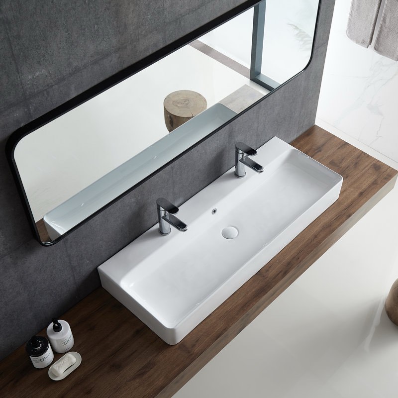 turner 43" w white ceramic rectangular wall mount/vessel bathroom sink with two faucet holes eri-wb-107