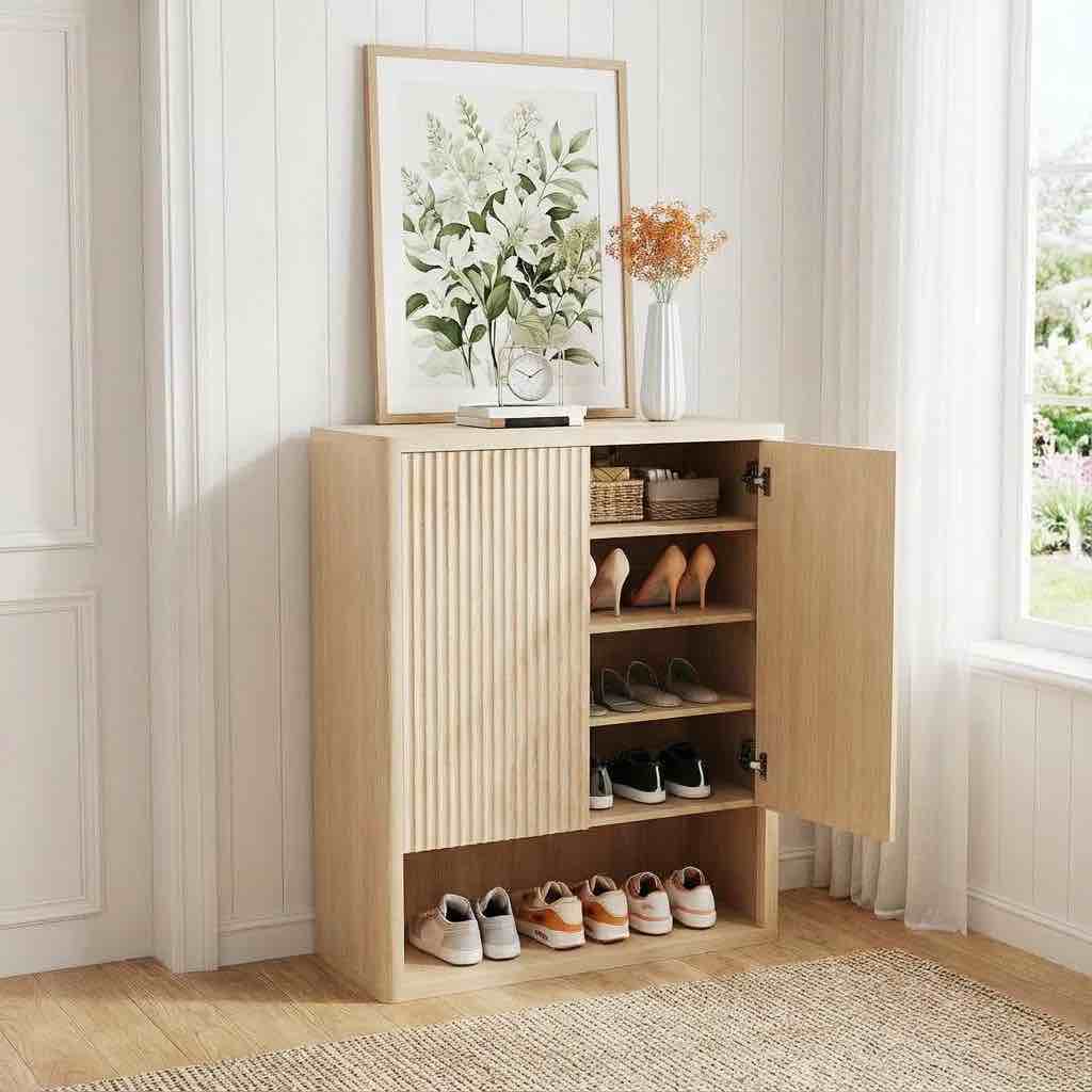 fluted shoe storage cabinet for entryway, 44.5" tall, 5-tier shoe organizer with adjustable shelves and open shelf, modern freestanding shoe cabinet for hallway, living room, closet- natural oak