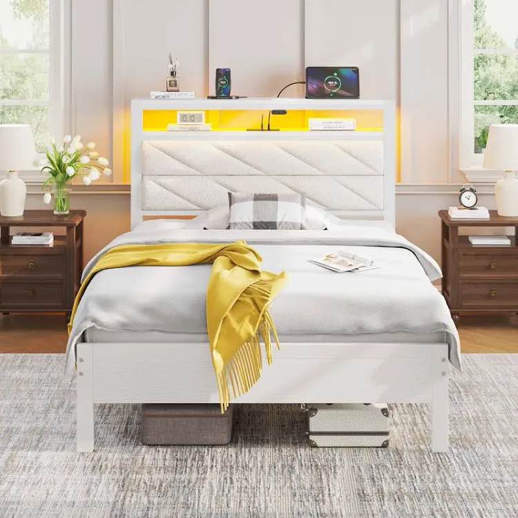 bed frame with storage headboard metal platform bed frame with rgb lights & outlets twin