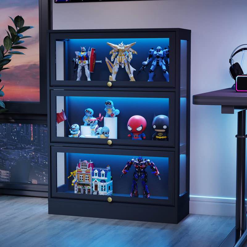 display cabinet with acrylic glass doors,3-tiers curio cabinet with led lighting for collectibles, collectibles toy organizers rack & display shelf display case storage cabinet, black