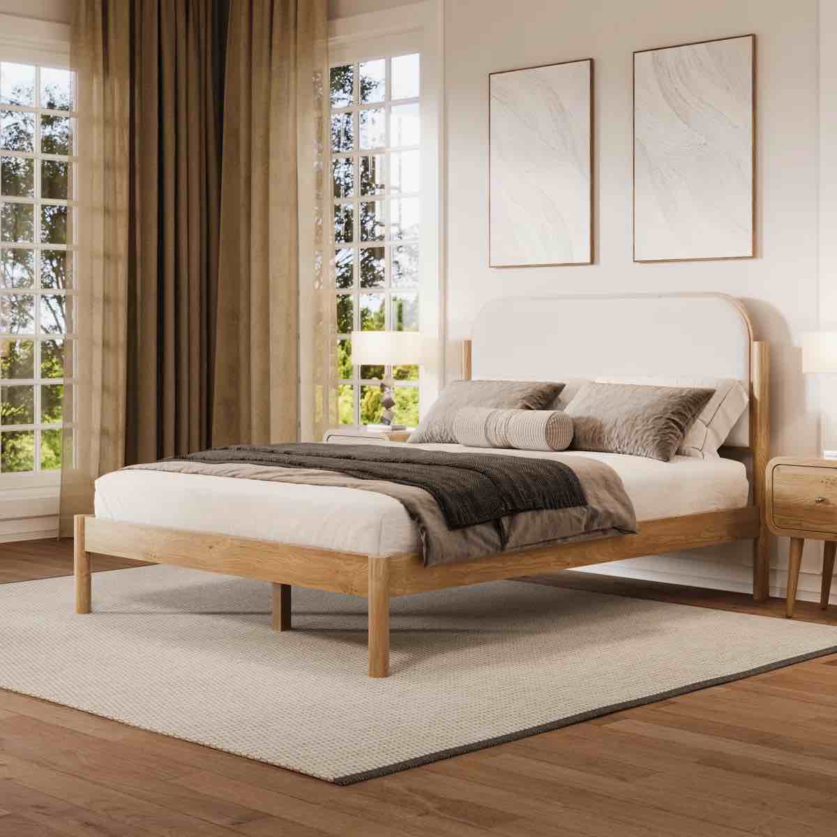 ardin solid wood bed frame with cream boucle upholstered headboard-queen