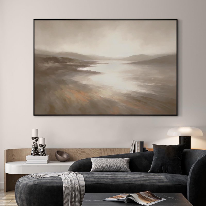Condition photo showing New/Like New for Extra Large Wall Art Fabric Print - Misty Coastal Landscape with Soft Reflections Artwork Decor for Living Room or Bedroom - "Frame Assembly Required (Unfinished Frame)"