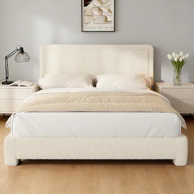 Condition photo showing New/Like New for Vipbear - Queen Size Upholstered Bed Frame with Adjustable Headboard, Soft Rounded Corners, No Box Spring Required, Easy Assembly - Beige