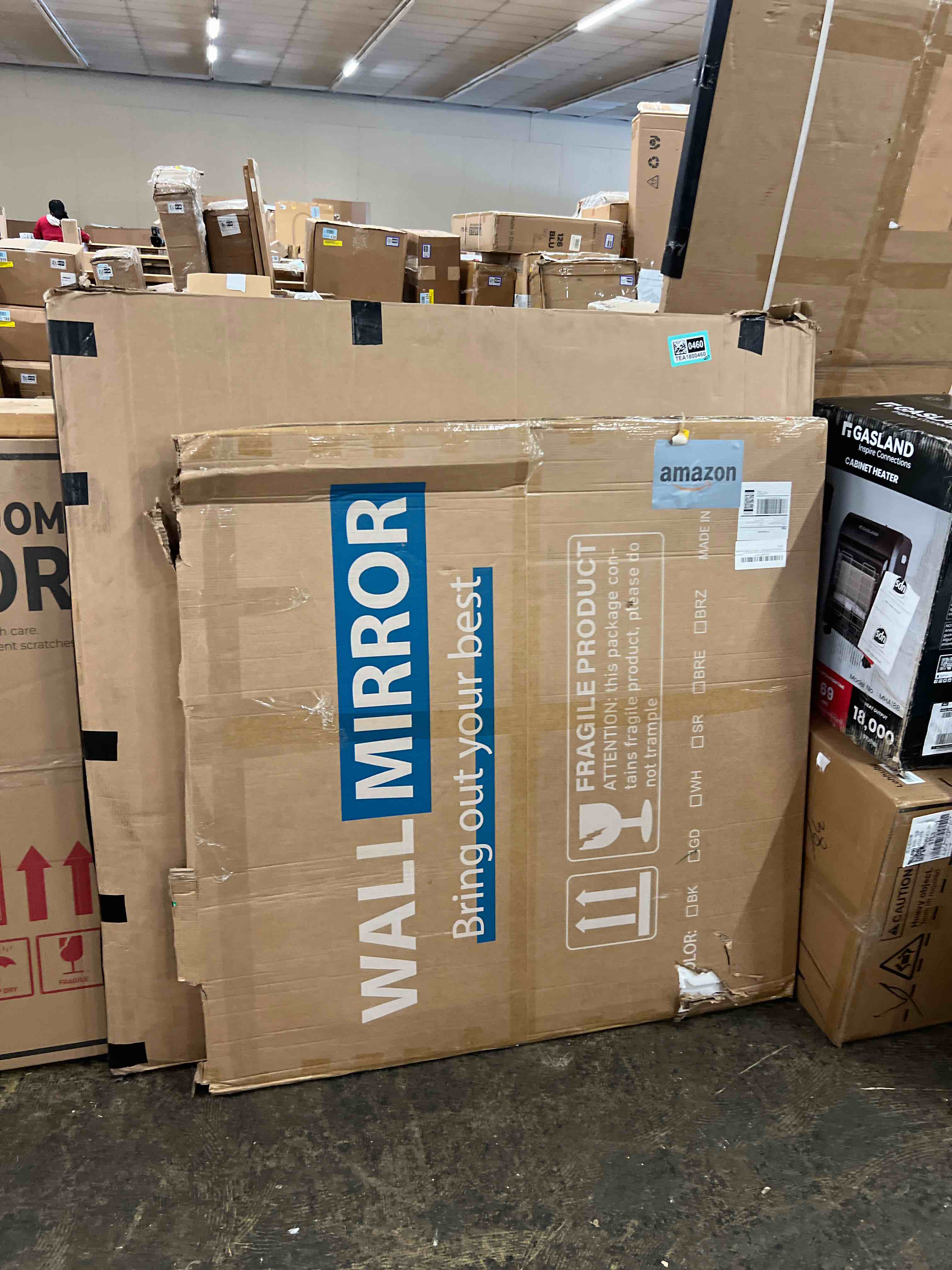 Condition photo showing New/Like New for VooBang Gold Scalloped Large Circle Mirror, 42" Wavy Edge Round Wall Mirror with Tempered Glass Textured Circular Metal Deep Frame, Hanging Leaning for Bathroom, Hallway, Entryway, Livng Room