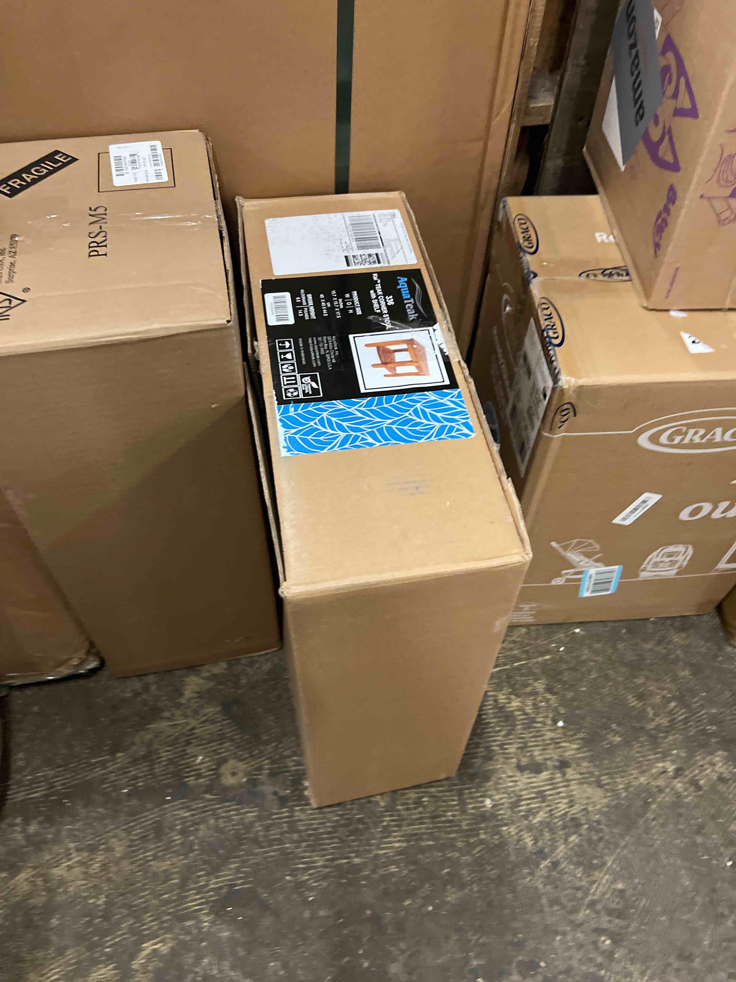 Condition photo showing New/Like New for Aqua Teak Corner Stool with Shelf