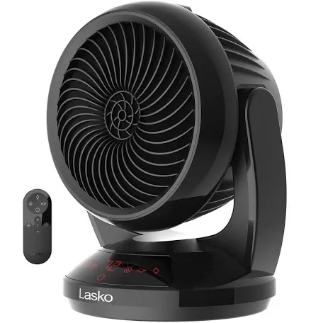 lasko whirlwind heat orbital oscillation ceramic space heater for home, bedroom, 3 heat settings, fan mode, timer, tip-switch, mute mode, display dim, remote, 13.5'', black, 1500w, cs12380