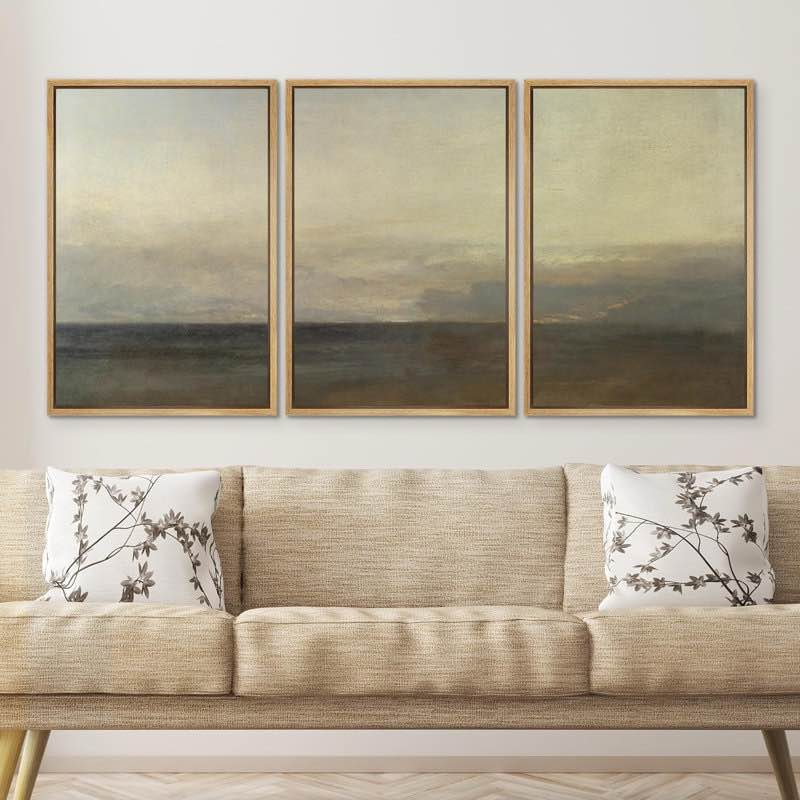 Minimal Landscape "Moody Coastal Beach Seascape Pictures Large Framed Canvas Print 3 Pieces Wall Art