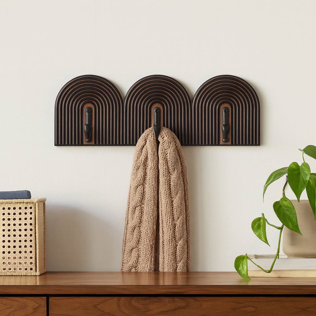 Decorative Arch Wall Mounted Hook Rack with 3 Metal Hooks - Stylish Wall Coat Rack Storage or Everyday Accessories - 19", Black