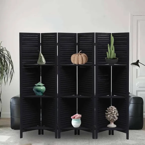 67"H Soild Wood Folding Room Divider Screen Partition with Shelves Freestanding Black