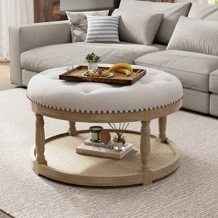 Cristan 33" W Upholstered Round Storage Ottoman Beige