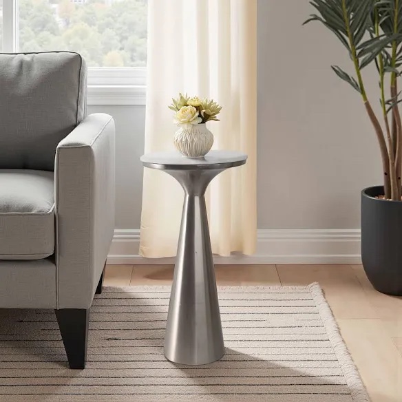 modern metal and marble accent table, round side table with sleek tapered base, contemporary end table for living room or bedroom