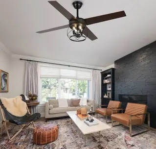 52" Farmhouse Ceiling Fan with 4-Light and Remote Metal Caged Shade Quiet Wood Blades for Living Room DC Motor