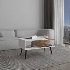 White And Natural Oak Coffee Table With Open Storage And Conical Legs