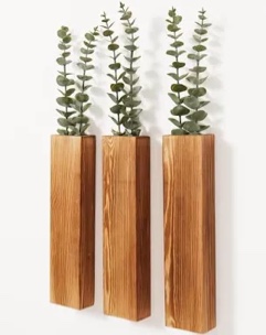 4-pack wood wall planters with 8 removable faux eucalyptus stems - modern farmhouse wall decor for living room, bedroom, bathroom - wooden wall vases and fake eucalyptus for home office decor