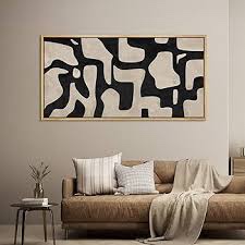 mid century shape abstract contours, black and white beige artwork, retro bedroom home decor, extra large framed canvas print wall art