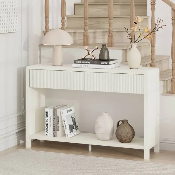 Console Table With 2 Drawers And Bottom Shelf, Wood Sofa Table For Entryway Hallway Living Room