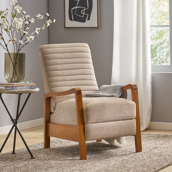 Modern Channel Stitch Pushback Recliner - Fabric Upholstery, Wood Frame - Sand - 24.75 x 35.75 x 38