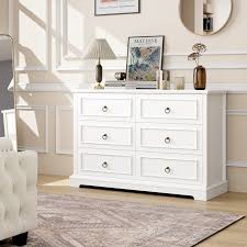 Lamyla 47.2'' W 6 - Drawer Dresser, Mid-Century Modern Wooden Double Dresser, White
