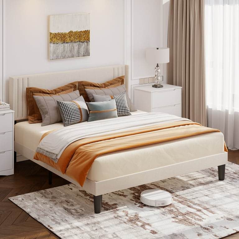Queen Bed Frame with Wingback Upholstered Headboard, Beige