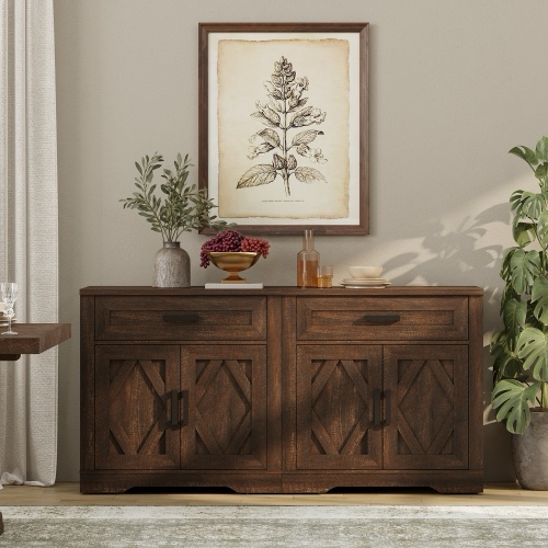  2 in 1 Sideboard Buffet Cabinet,63" Wide Kitchen Storage Cabinet with Drawers & Doors, Farmhouse Coffee Bar Accent Cabinet Wooden Credenza for Dining Room,Living Room,Brown