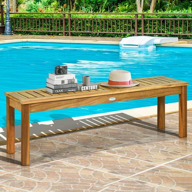 52" Outdoor Acacia Wood Dining Bench Chair with Slatted Seat