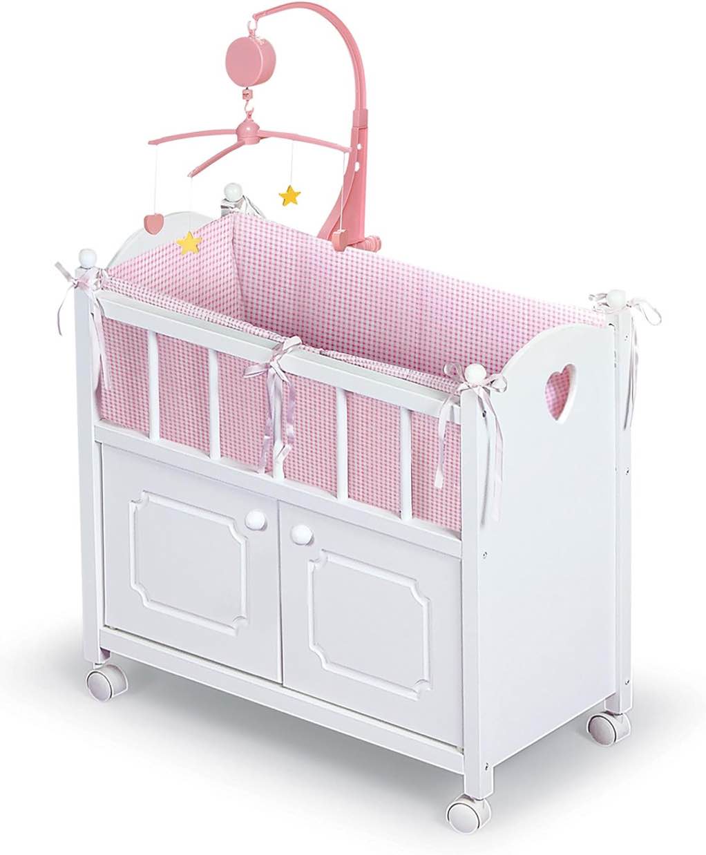 badger basket toy doll bed with storage baskets, gingham bedding, and musical mobile for 22 inch dolls - white/pink