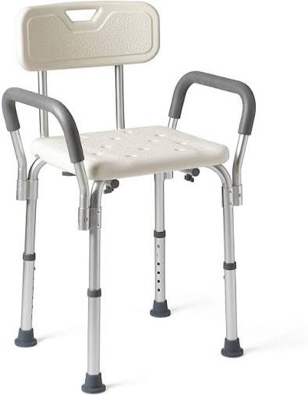 medline shower chair for inside shower, heavy duty, 350 lb capacity, adjustable height, non-slip seat with padded armrests & back, white