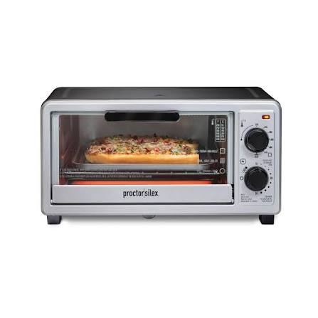 proctor silex 4 slice countertop toaster oven, multi-function with bake, toast and broiler, 1100 watts, 30 min timer and auto-shutoff, includes backing pan and rack, black and silver (31260)