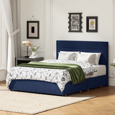 Brezzy Full Size 4 Drawers Storage Upholstered Bed with Wingback By Latitude Run® Size: Full | Color: Blue Velvet