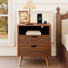 19.7" Nightstand With 2 Drawers & Open Shelf, Bedside Table With LED Lights & Outlets, End Table For Bedroom Or Living Room By Ebern Designs