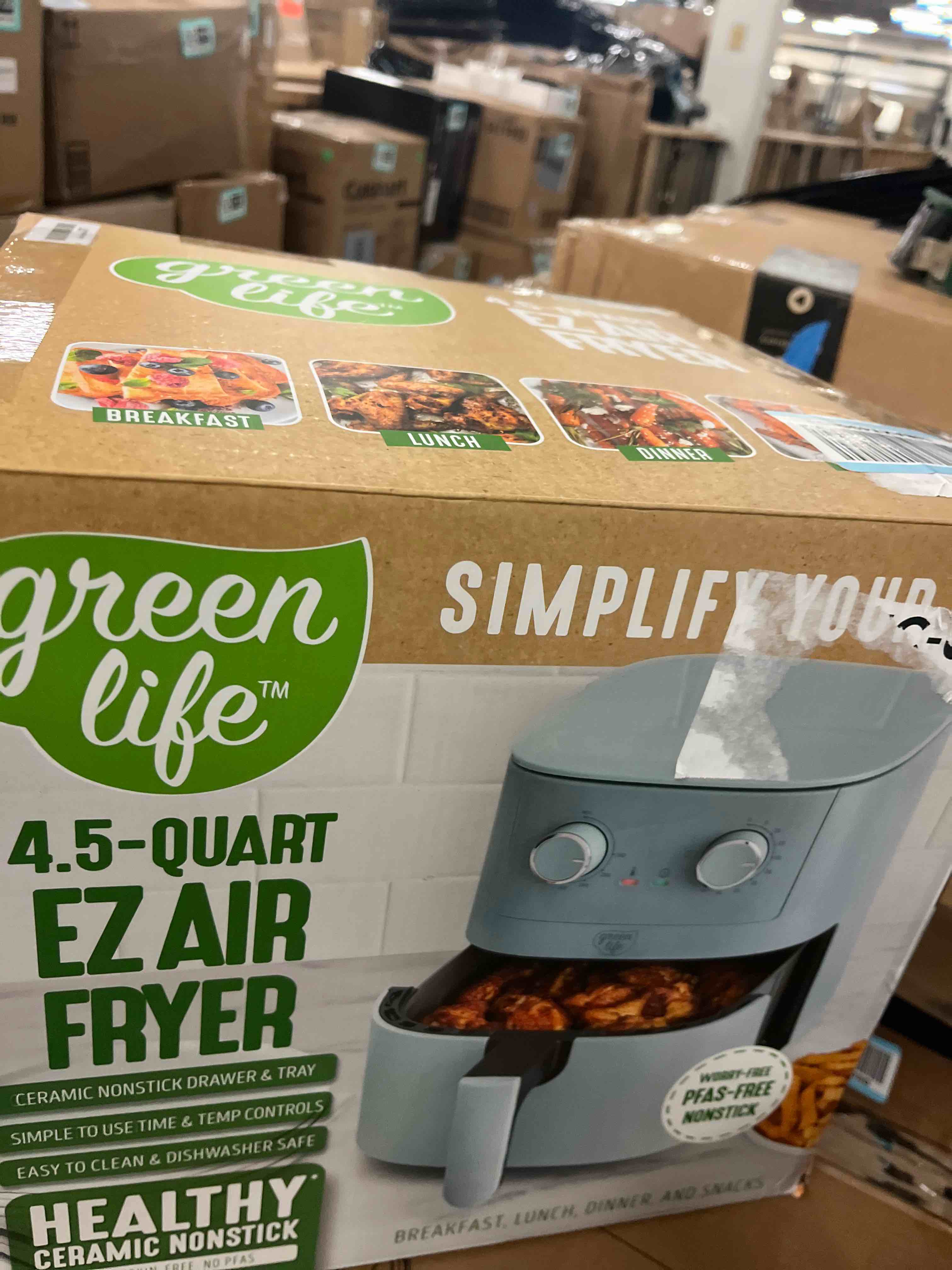Condition photo showing New/Like New for GreenLife 4.5QT Air Fryer, Mechanical Dial Controls, PFAS-Free Ceramic Nonstick Drawer, Adjustable Temp & Timer, LED Indicator, Oil-Less Cooking, Dishwasher Safe, Compact Family Size, Blue