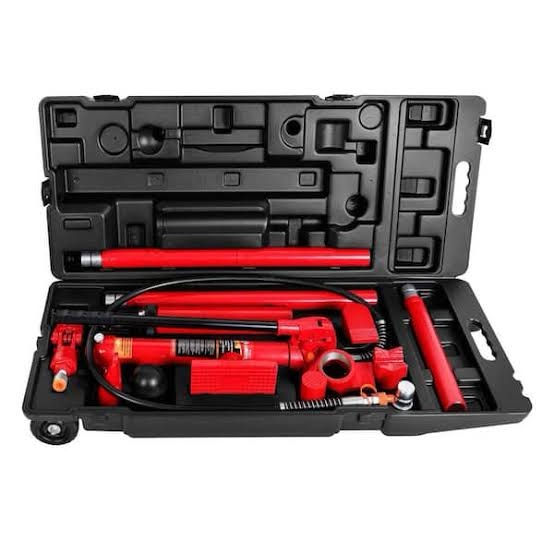 big red 10 ton porta power kit, 17-pcs hydraulic ram auto body frame repair kit with blow mold carrying storage case, 20,000 lbs capacity,red, t71001l torin