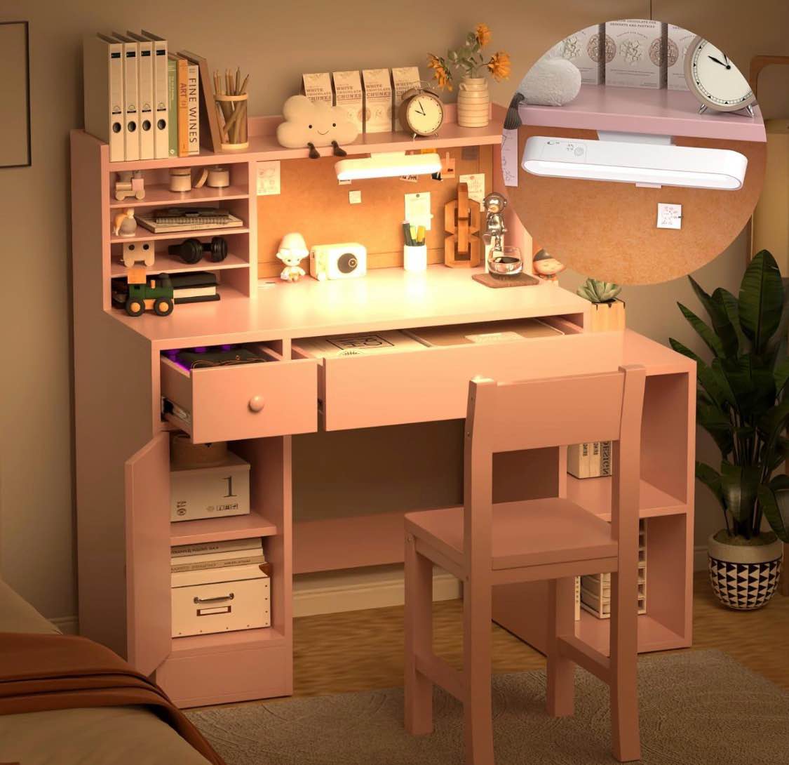 pink wooden kids study desk and chair set, childrens desk with light, 2 drawers, 4 storage cabinets and shelves, boys & girls study desk for bedroom and kidsroom