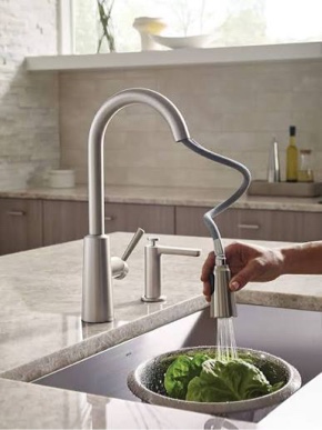 moen riley spot resist stainless one-handle pulldown kitchen faucet featuring power boost and reflex docking system for the spray head, modern kitchen sink faucet, 7402srs