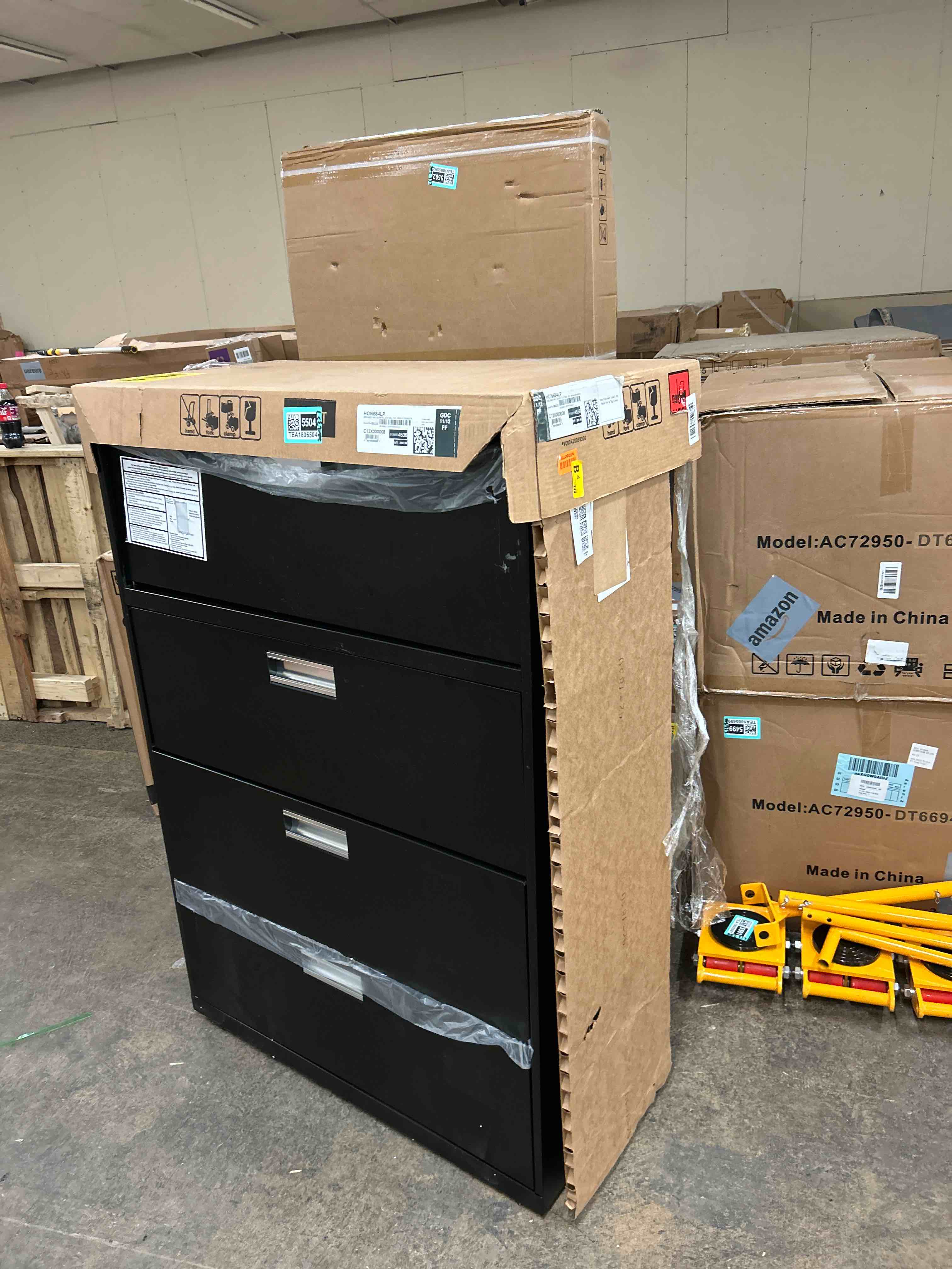 Condition photo showing New/Like New for HON 4 Drawer Lateral File Cabinet with Lock, Metal Filing Cabinets for Offices, Adjustable Hangrails for A4, Legal, Letter Files, 18" Deep, Black