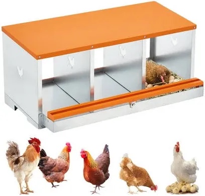 chicken nesting boxes, 3 hole metal chicken egg laying box with swing perch and rollout egg collection for chicken coop
