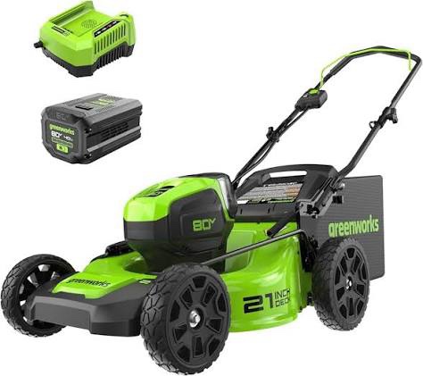 greenworks 80v 21" brushless cordless (self-propelled) lawn mower (75+ compatible tools), 4.0ah battery and 60 minute rapid charger included