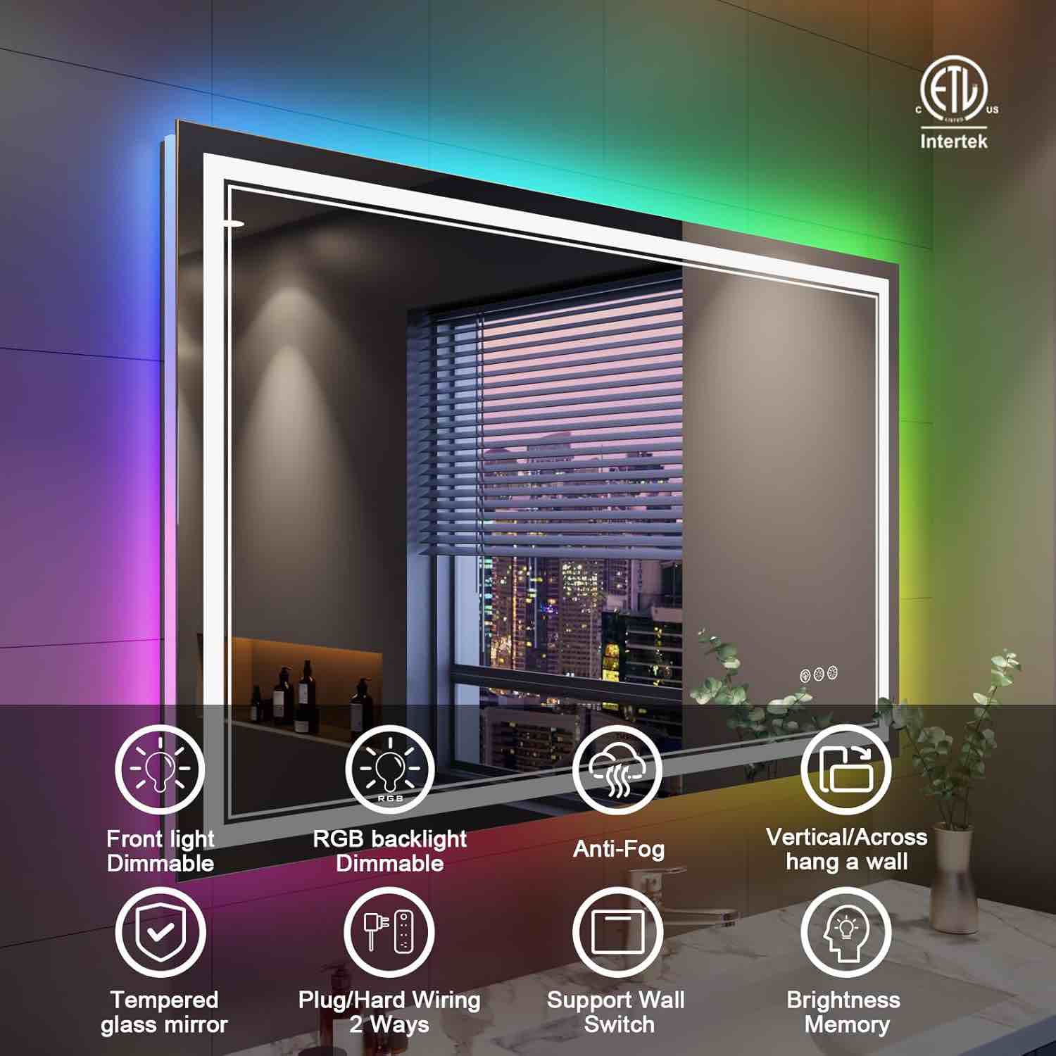 Condition photo showing New/Like New for 48x40 Inch LED Bathroom Mirror,RGB Color Changing Bathroom Mirror with Lights,Anti-Fog Wall-Mounted Vanity Mirrors,Dimmable RGB Multicolor Lighted,IP54 Waterproof (Horizontal/Vertical)
