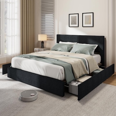 garvee king size bed frame with 4 storage drawers corduroy upholstered platform bed tufted wingback headboard wood slat support no box spring needed black