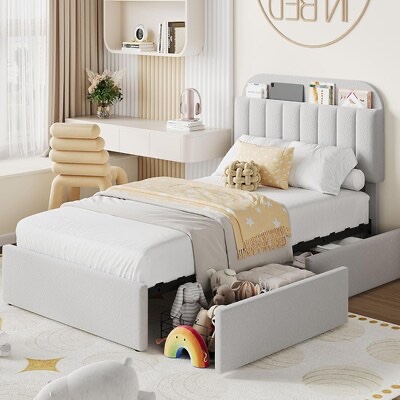 twin size bed frame for kids with storage drawers and bookcase headboard