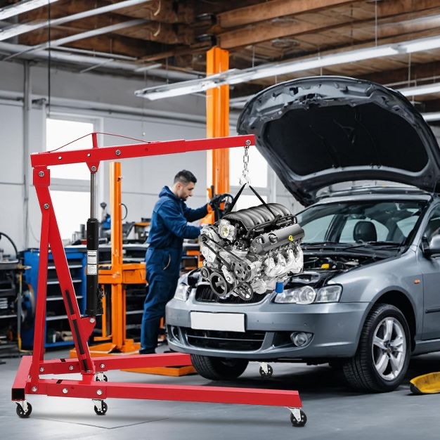 engine hoist, 2 ton folding cherry picker shop crane hoist lift, heavy duty hydraulic engine crane with 6 casters, engine hoist lever for engine lifting loading (4400 lbs)