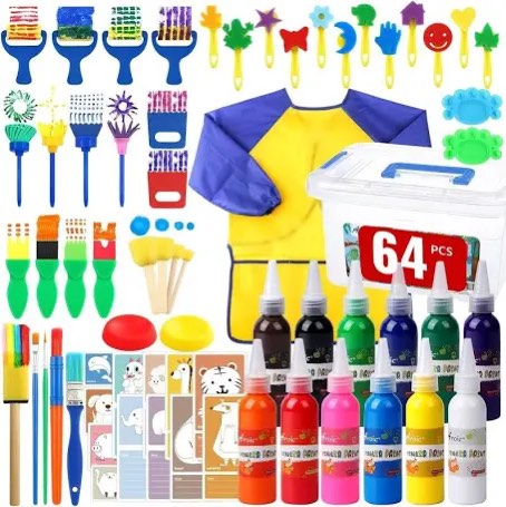 64 pack washable paint set, 12 colors non toxic finger paints with sponges, paint brushes, waterproof paint smock, palettes, cards, storage box for art, crafts, children age 12+ and adults(2 oz each)