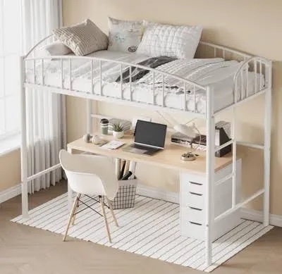 garvee twin size loft bed, heavy duty metal frame with arched guardrail & safety ladder, space-saving design, metal slats, kids & adults, small rooms, white