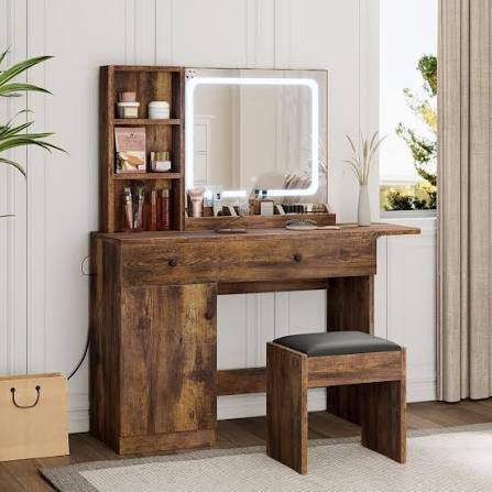 Condition photo showing New/Like New for garvee vanity desk with mirror & light, makeup vanity table with charging station, large storage cabinet & 2 drawers & 3 open shelves, 3 lighting modes adjustable brightness, bedroom dressing, dark wood 