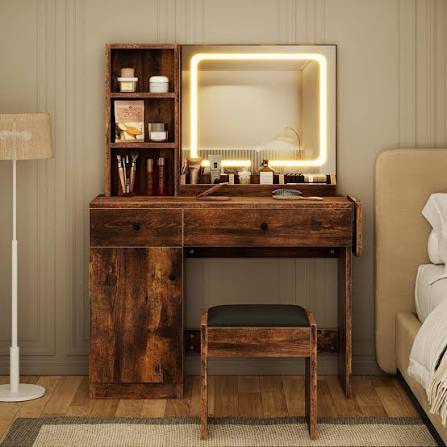 garvee vanity desk with mirror & light, makeup vanity table with charging station, large storage cabinet & 2 drawers & 3 open shelves, 3 lighting modes adjustable brightness, bedroom dressing, dark wood 