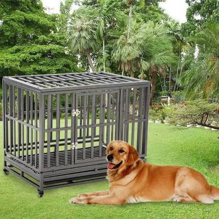luckup heavy duty dog cage metal kennel and crate for medium and large dogs, pet playpen with four wheels,easy to install,42 inch,black
