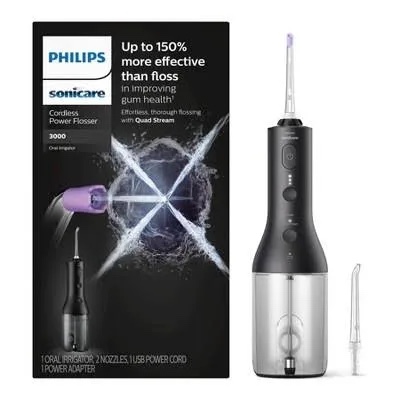 philips sonicare cordless power flosser 3000, water flosser with innovative quad stream technology, oral irrigator with 2 flossing modes and 3 intensity levels, ergonomic design, black, hx3826/23