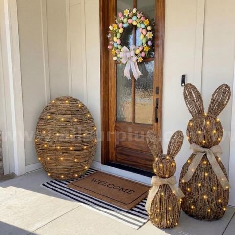 estune 3 pcs rattan woven easter bunny decor with led light strings, 28" 20" 19" spring rabbit eggs light up easter garden decoration for rustic farmhouse outdoor, non-connecting structure cable ties